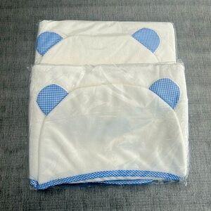 Organic baby bath towels set of 2 blue gingham striped.